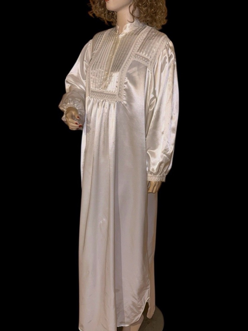Vintage Ilise Stevens Nightgown White Satin Flannel Lined Lace Billow Sleeves L - Picture 3 of 8